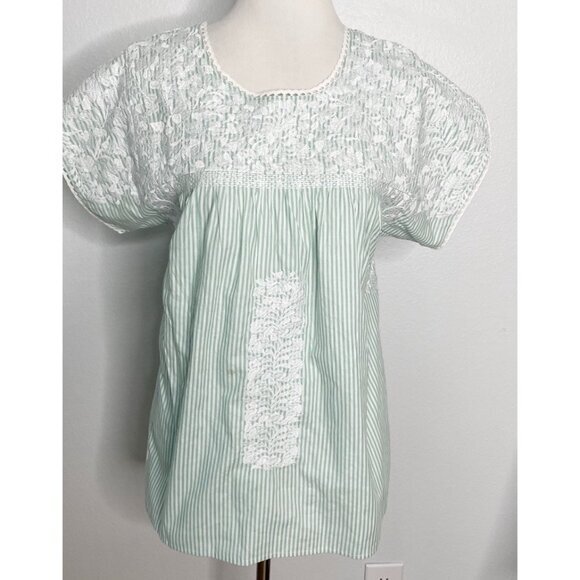 J.MARIE Paxton Embroidered Top Babydoll Green Pinstriped Boho Cruise Beach XS - Picture 3 of 5
